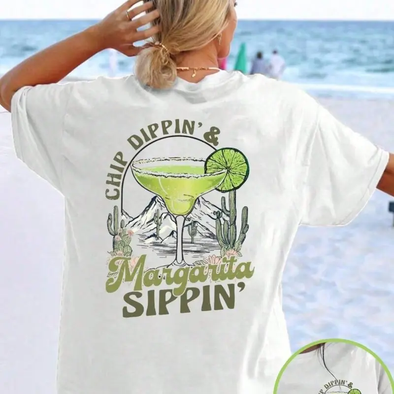 Oversized Baggy Lightweight Beach Vacation Graphic Print T-Shirt, Round Neck, Crewneck, Chip Dippin' & Margarita Sippin' Funny Drinking Tee, Summer Casual Top, Soft Breathable Tshirt for Women & Men, Beach Trips & Vacation Outfits