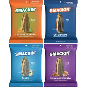 SMACKIN’ Sunflower Seeds 4-Flavor Variety Pack - 4oz Bags (Cheddar Jalapeño, OG Original, Ranch, Cinnamon Churro) Snack