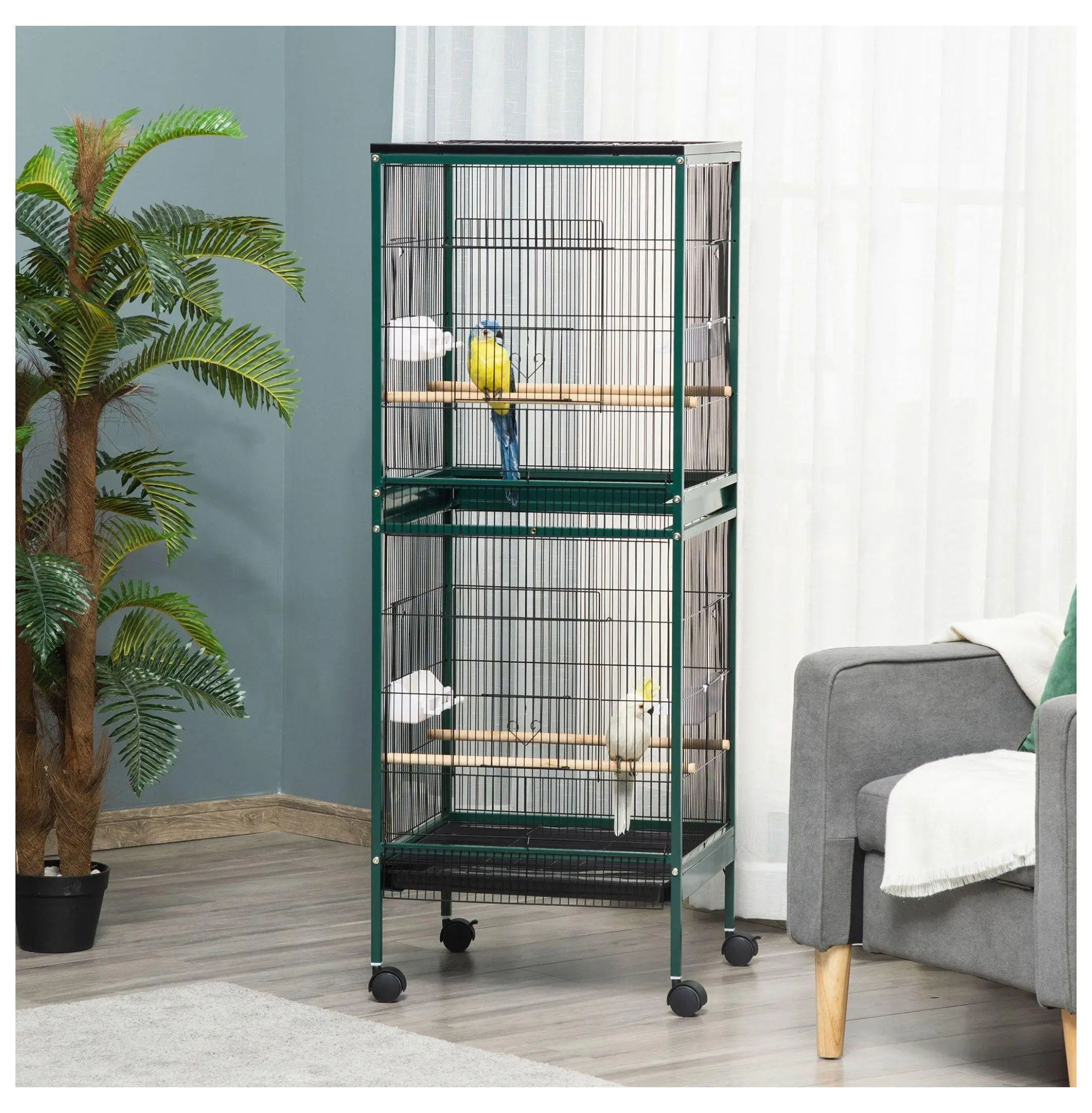 55"H Steel Large Bird Cage - Bird Supplies, 20.5"w x 19.75"d x 55"h, 4 Access Doors Aviary for Canary, Finch, Conure (Green), Four Access Doors