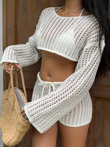 Women's Vacation Style Two-Piece Knit Set, Hollow Out Design, Pure Color, Spring Summer Casual Outerwear, Short Sweater and Shorts,vacation outfits women,beach outfits for woman,going out tops women,tops