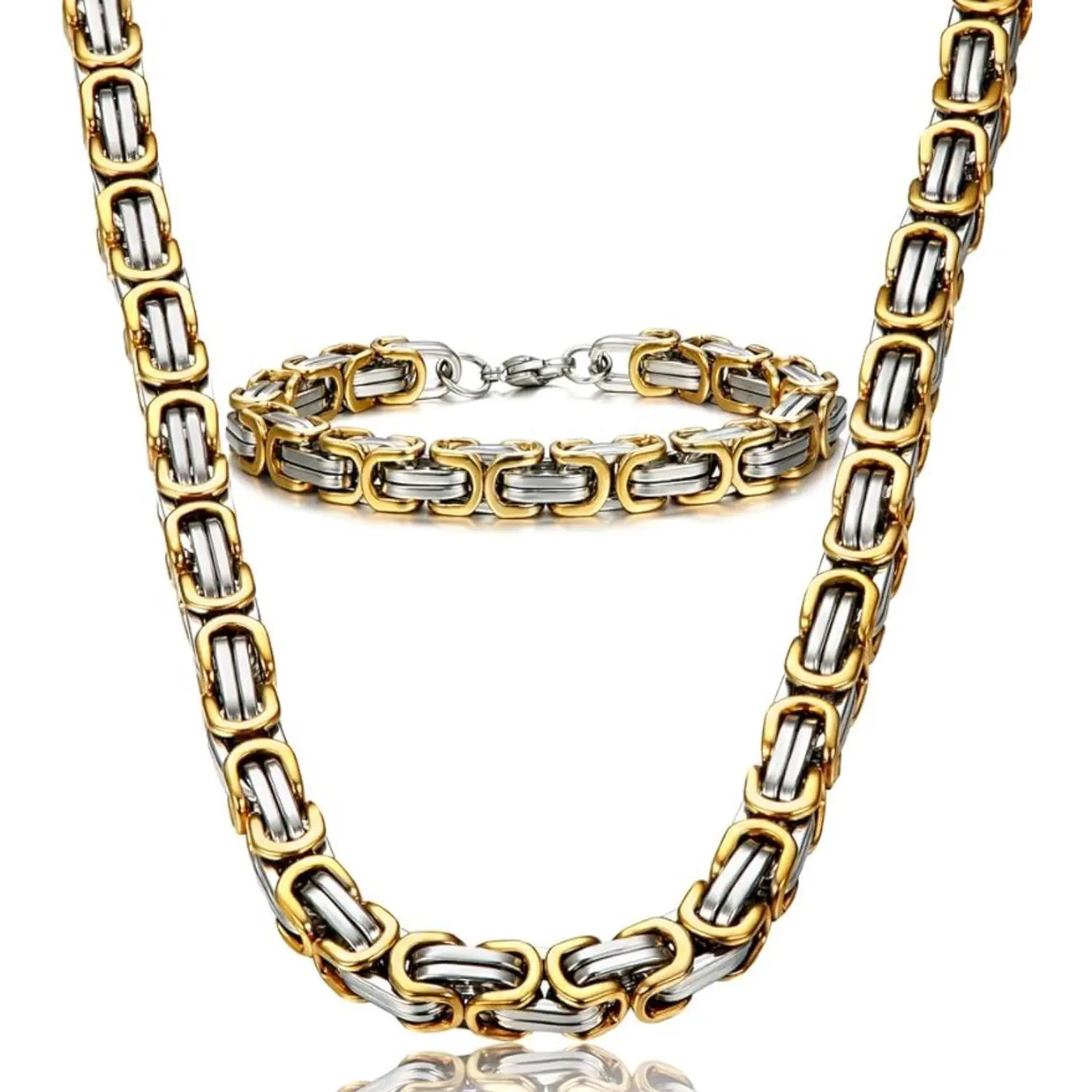 FINREZIO Stainless Steel Male Chain Necklace Byzantine Bracelet for Men Jewelry Sets 8.5 Inch Bracelet