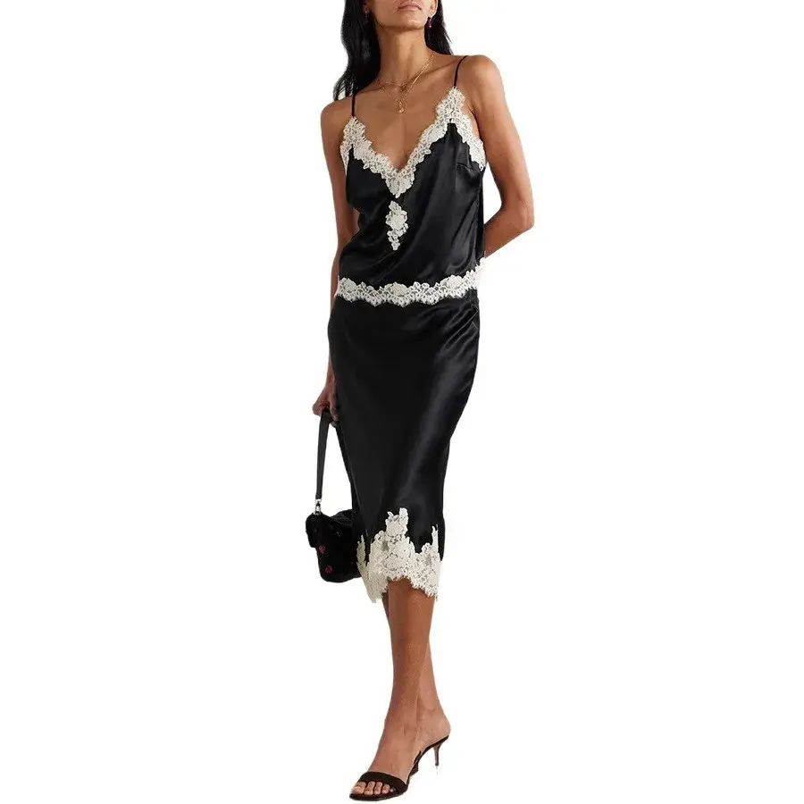 Woman Skirt Two Piece Set Hollow Out Flower Lace Patchwork Satin Spaghetti Strap Top Skirts 2 Piece Sets Streetwear MsChuh