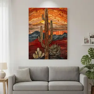 Framed 1pc Wooden Framed Retro desert cactus Canvas , Ready to Hang,   High-Quality Wall Picture Art Prints Poster Wall Decor for Bedroom Bathroom Living room, New Year Halloween Christmas Xmas Birthday Festival Gifts