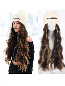 22 Inch Long Straight Curly Wave Wig, Elastic Weave Cap, Synthetic High Temperature Fiber, 100% Density, Natural Look, Daily Wear