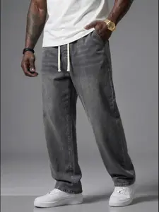 Men's Drawstring Elastic Waist Loose Fit Jeans, High-End Washed Vintage Style, Comfortable Straight Leg Pants for Casual Wear