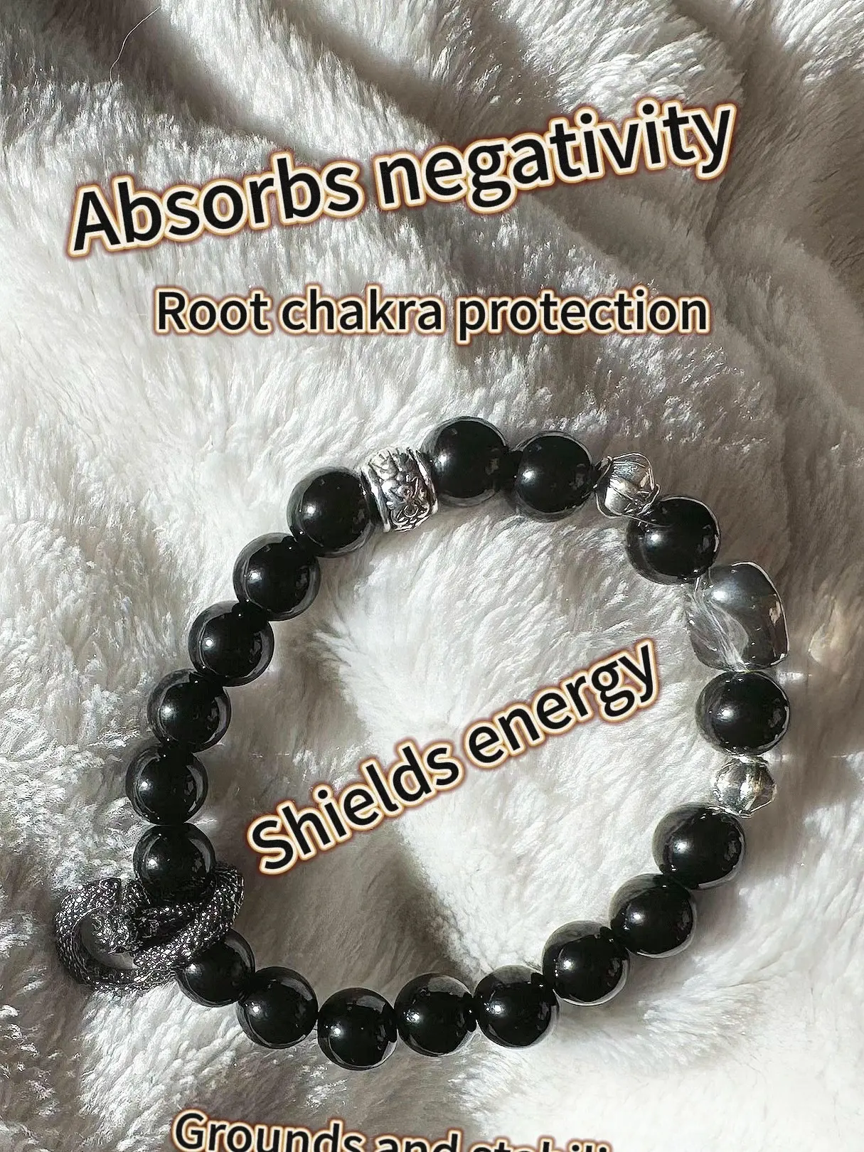 Black Obsidian Gemstone Bracelet - Gunmetal Dragon Zodiac & AntiqueSilver - Bold Protection & Power