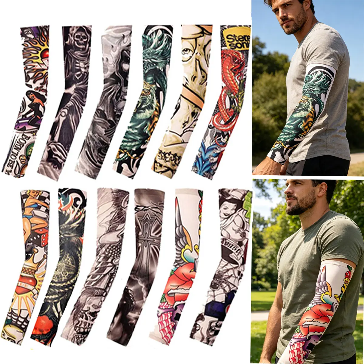 12-Pack Stylish Tattoo Sun Protection Ice Sleeves (Unisex) — Quick-Drying, Breathable Arm Sleeves, Ideal for Halloween Parties and Outdoor Hiking UV Protection