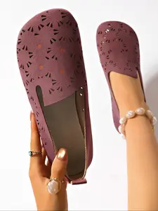 Women's Elegant Cut-Out Flat Shoes, Comfortable Rubber Sole, PU Leather Upper, Round Toe Design, Fashion All-Season Footwear