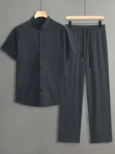 extured Minimalist Summer Set - Men's Charcoal Gray Breathable Short Sleeve Mandarin Collar Shirt and Drawstring Pants | Elevated Casual Resort Wear Effortless Style Vacation Co-ords | #coastalgrandpa #vacationoutfit