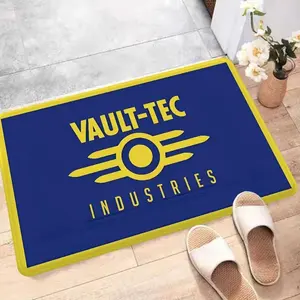 Vault-Tec Industries Flannel Door  – Fallout-Themed Blue & Yellow Design, Iconic Vault-Tec Logo Print, Non-Slip Indoor/Outdoor  for Fallout Fans decorative floor mat