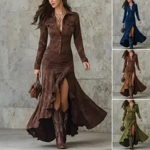 Women's Faux Suede Shirt Collar Slit Maxi Dress, Long Sleeve Ruched Formal Gown, Stylish Western-Inspired Wear Suitable for Date Nights, Casual Events and Fall Winter Styling