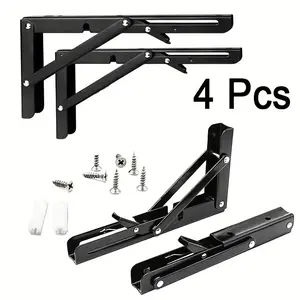4-Pack Iron Folding Shelf Brackets, Triangular Wall-Mounted Space-Saving Design, Adjustable Angle, 130 Lbs Load Capacity, Metal Bracket, Wall Mounting Bracket