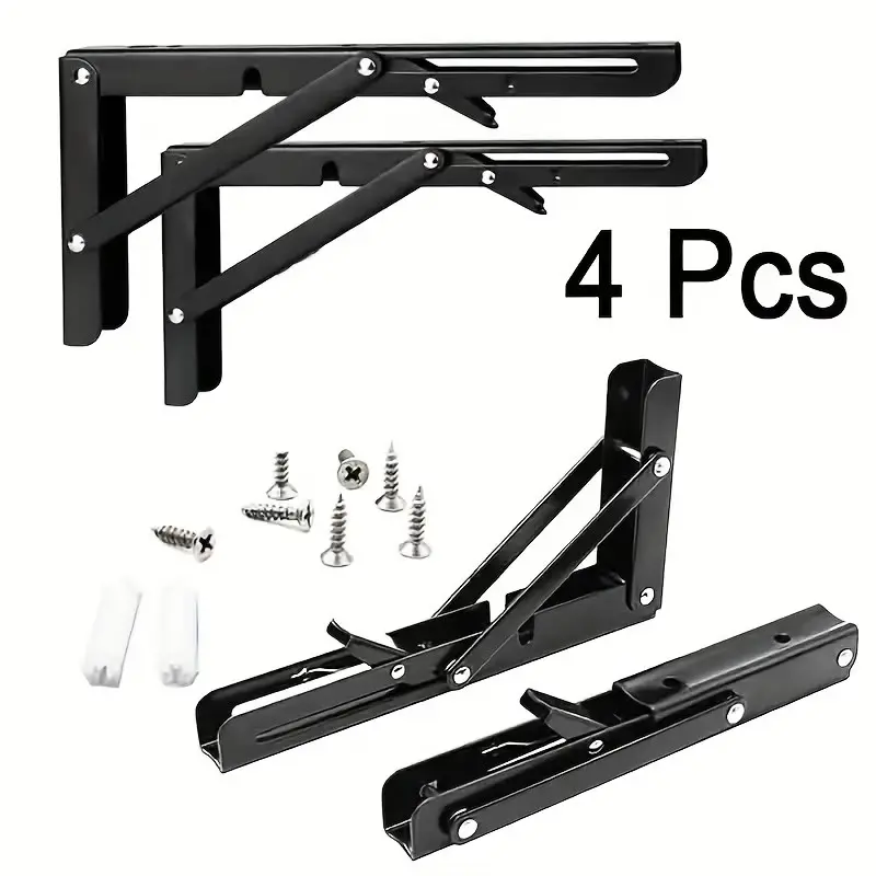 4-Pack Iron Folding Shelf Brackets, Triangular Wall-Mounted Space-Saving Design, Adjustable Angle, 130 Lbs Load Capacity, Metal Bracket, Wall Mounting Bracket