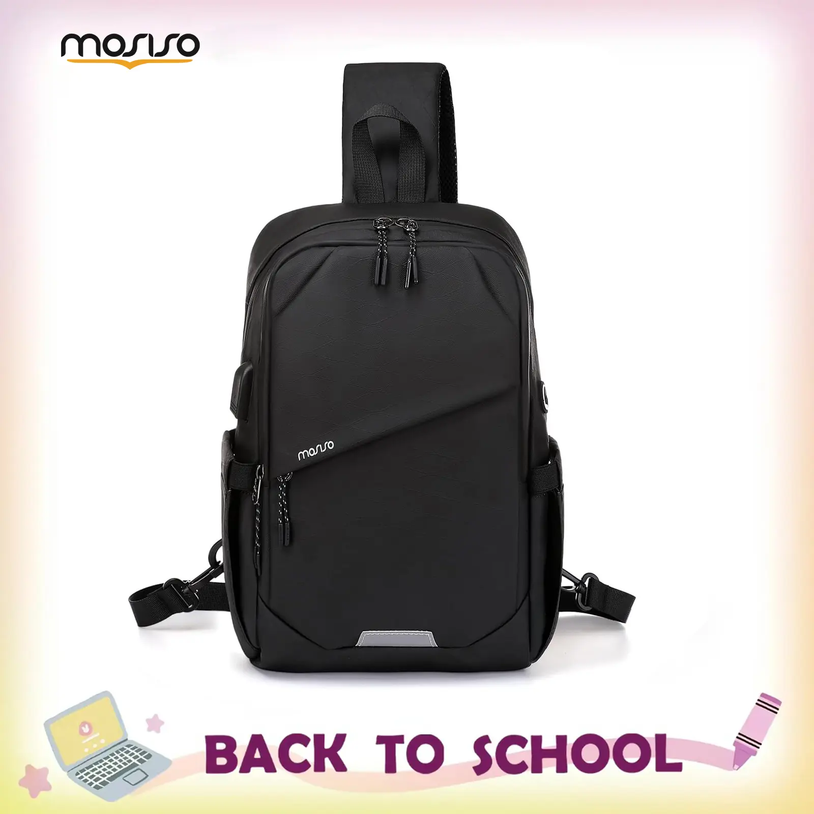 MOSISO Sling Backpack with USB Port, Waterproof Polyester Crossbody Daypack for Adults, Adjustable Shoulder Strap for Travel & Hiking, Office, All Seasons, Portable, Running, Sling Bag, Unisex, Walking, Synthetics, Zip