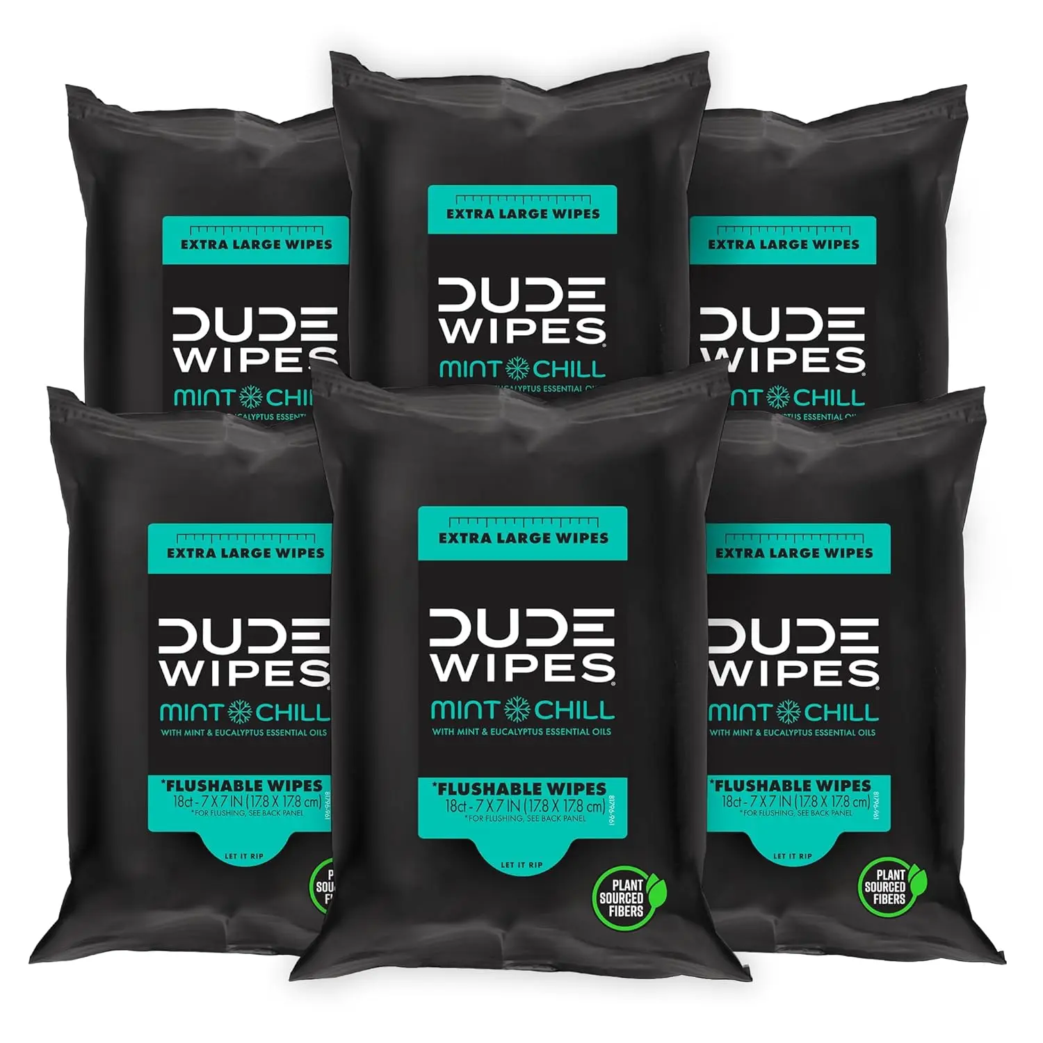 DUDE Wipes Mint Chill Travel Wipes - 6 Packs of 18 (108 Count) - Extra-Large Adult Flushable Wipes - Infused with Tea Tree Oil, Vitamin E, and Aloe