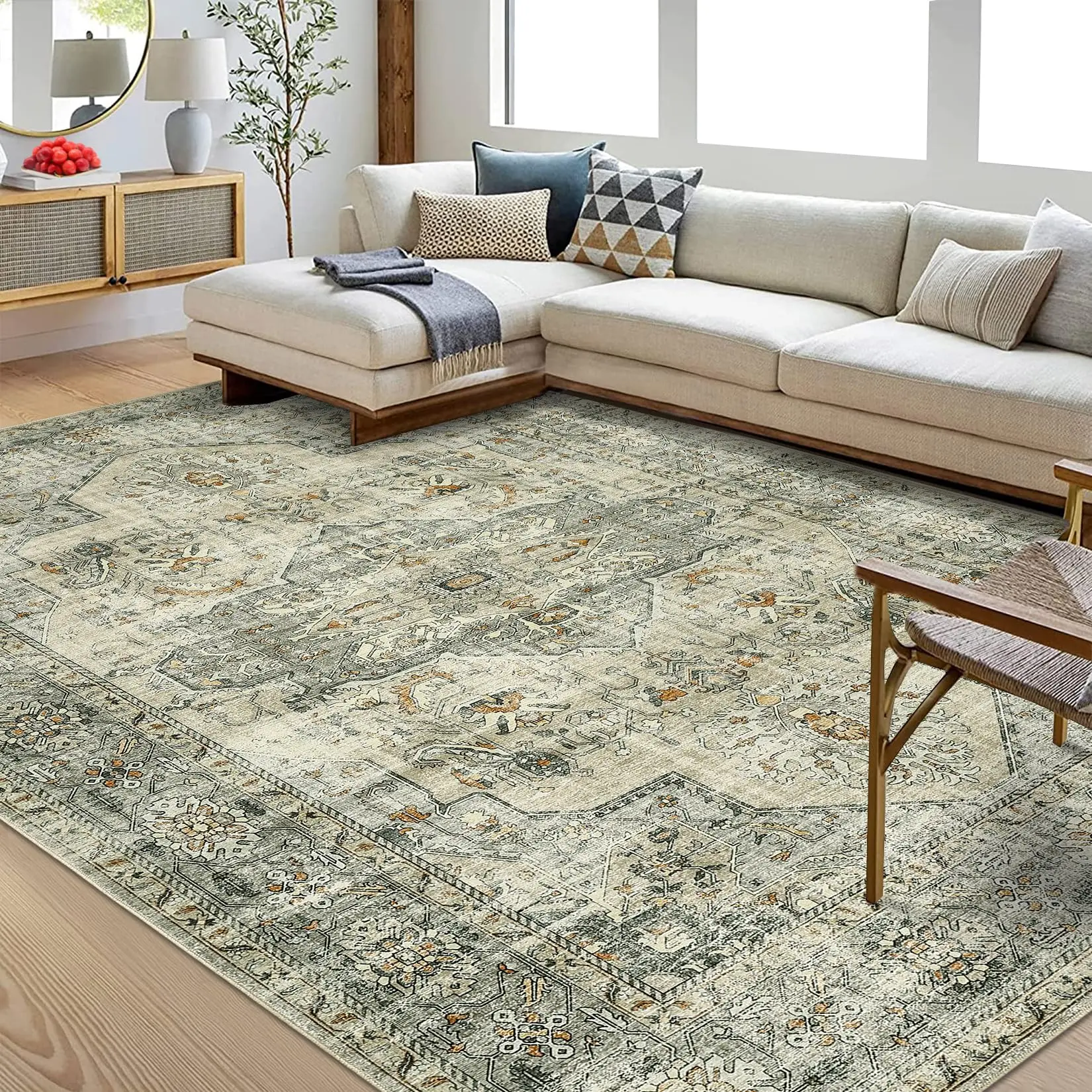 GARVEE Washable 8x10 Area Rugs Vintage Rug Non Slip Low Pile Living Room Rug Non Shedding Soft Indoor Floor Carpets for Bedroom Office, Beige Brown
