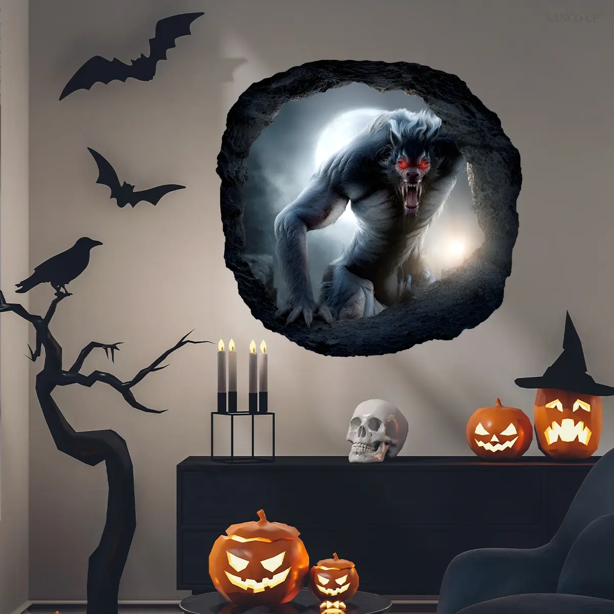 Creative Halloween 2D Werewolf Wall Stickers for Living Room and Bedroom, Scary Hole Design for Festive Decoration, Spooky Background Atmosphere