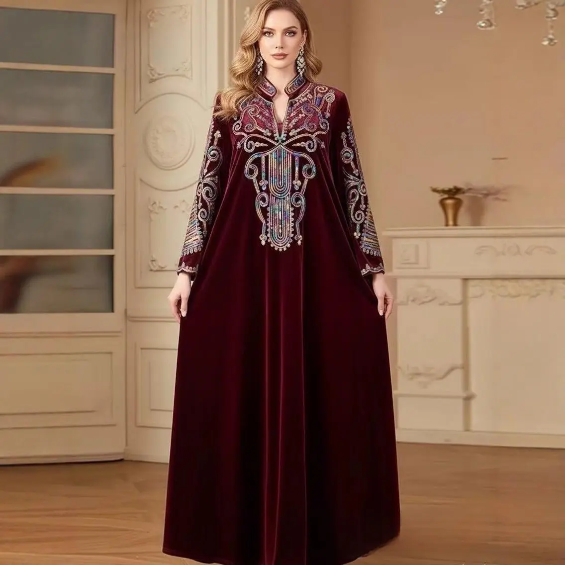Plus Size Elegant V-Neck Dress, A-Line Party Piece in Thick Rabbit Fur Velvet with Shiny Geometric Sequin for Modest Wear, Party Dress