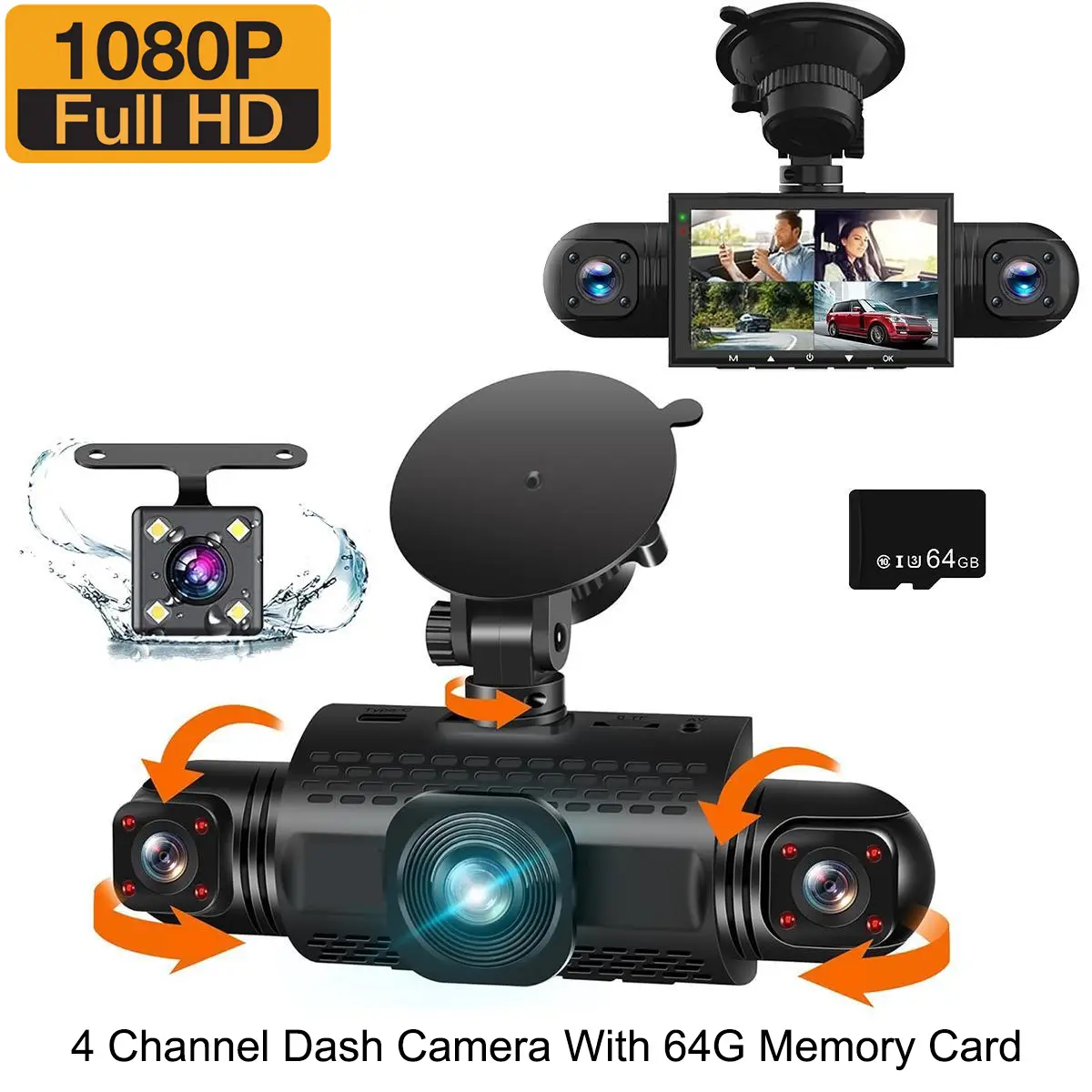 1 Pcs 4 channel Dash Camera Front + Rear + Left + Right with 64G Card , 360° Swivel Camera, Reversing Camera, Safety Dash Camera, Loop Recording, Nigh