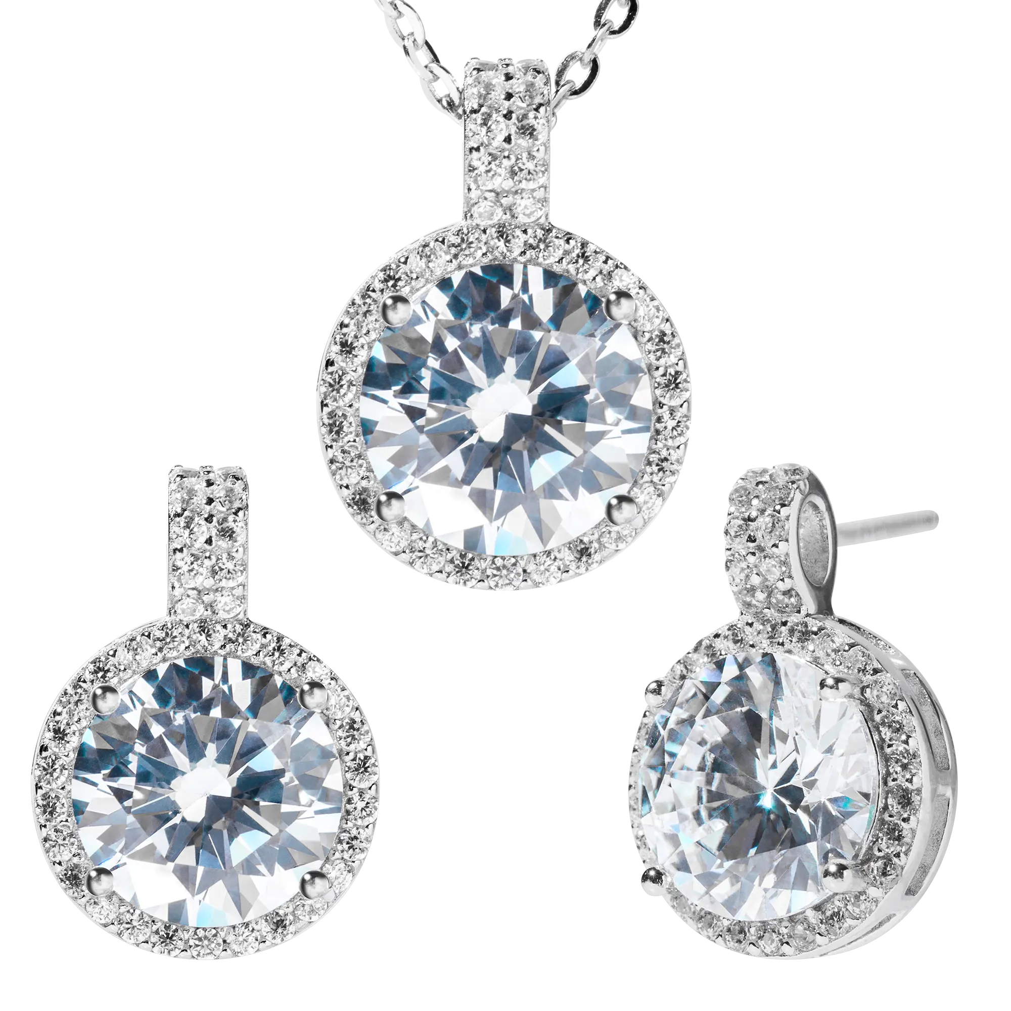 Gilded Elegance: Gold Cubic Zirconia Stud Earrings and Necklace Set in Sterling Silver