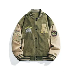Men’s varsity jacket with letter and number embroidery patches, drop-shoulder design, regular fit, colorblock long sleeves, button front closure—outerwear for spring and fall; fashionable men’s clothing for everyday wear.
