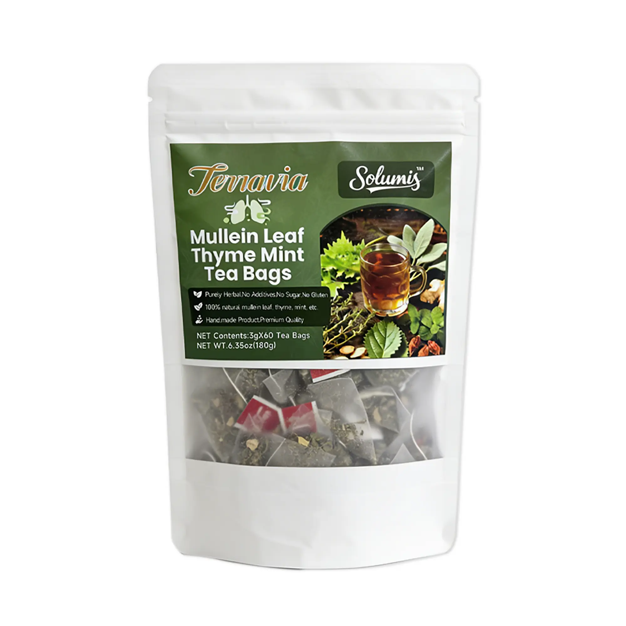 Herbal Lung, Liver, and Kidney Detox Solumis Tea – Chrysanthemum leaves, peppermint, mulberry leaves, licorice; 8 hand-picked herbs for lung cleansing and phlegm elimination; 60 tea bags; natural, healthy relief for breathing everyday, Beverage, Caffeine,