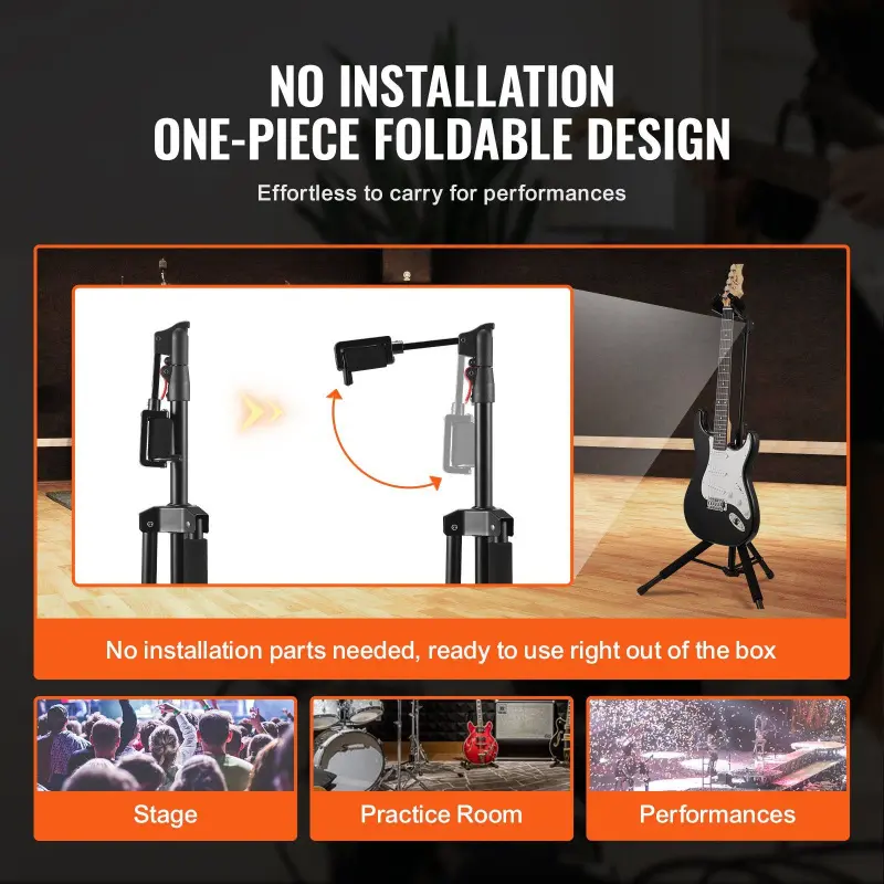 VEVOR Tripod Guitar Stand, Floor-Standing with Gravity Auto-Lock, Foldable Design, 35.4-47.2 in Adjustable Height, Plastic Ft, Foam Padding, for Gigs, Easy Instrument Access, Guitar & Bass Accessories