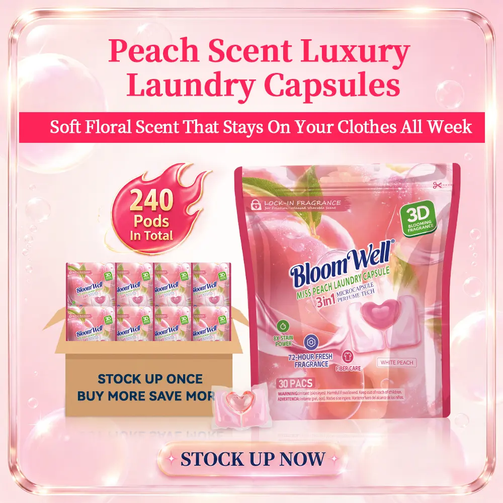 BloomWell Miss Peach Luxury Laundry Pods, 8 Bags 240 Pods Total Bulk Family Pack, 3D Lock-In Long Lasting Peach Fragrance Microcapsule Tech, Deep Stain Removal, Compatible with All HE Washing Machines