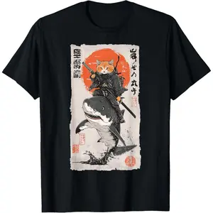Epic Ninja Cat Riding Shark Funny Japanese Ukiyo-e Art T-Shirt Pure Cotton Graphic Tees Menswear Top: Gifts for Men & Women