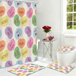 4pcs Valentines Shower Curtain Set Conversation Hearts Shower Curtain Sets for Valentine Colorful Heart Candy Bathroom Decor Curtains with Non-Slip Rugs Toilet Lid Cover and Bath Mat Bathroom Decoration Accessories