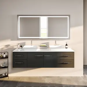 Wave 72 in. Espresso Wall Mount Double Sink  Bath Vanity with White Quartz Top and Vessel Porcelain Sinks
