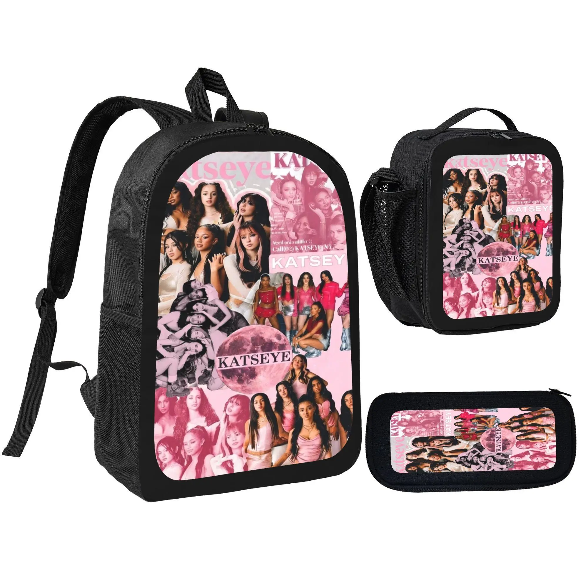 Katseye Pop Girl Group Graphic 3‑Piece School Backpack Set, Casual Bookbag with Insulated Lunch Box Bag & Pencil Pouch for Music Fans Campus Daily Use