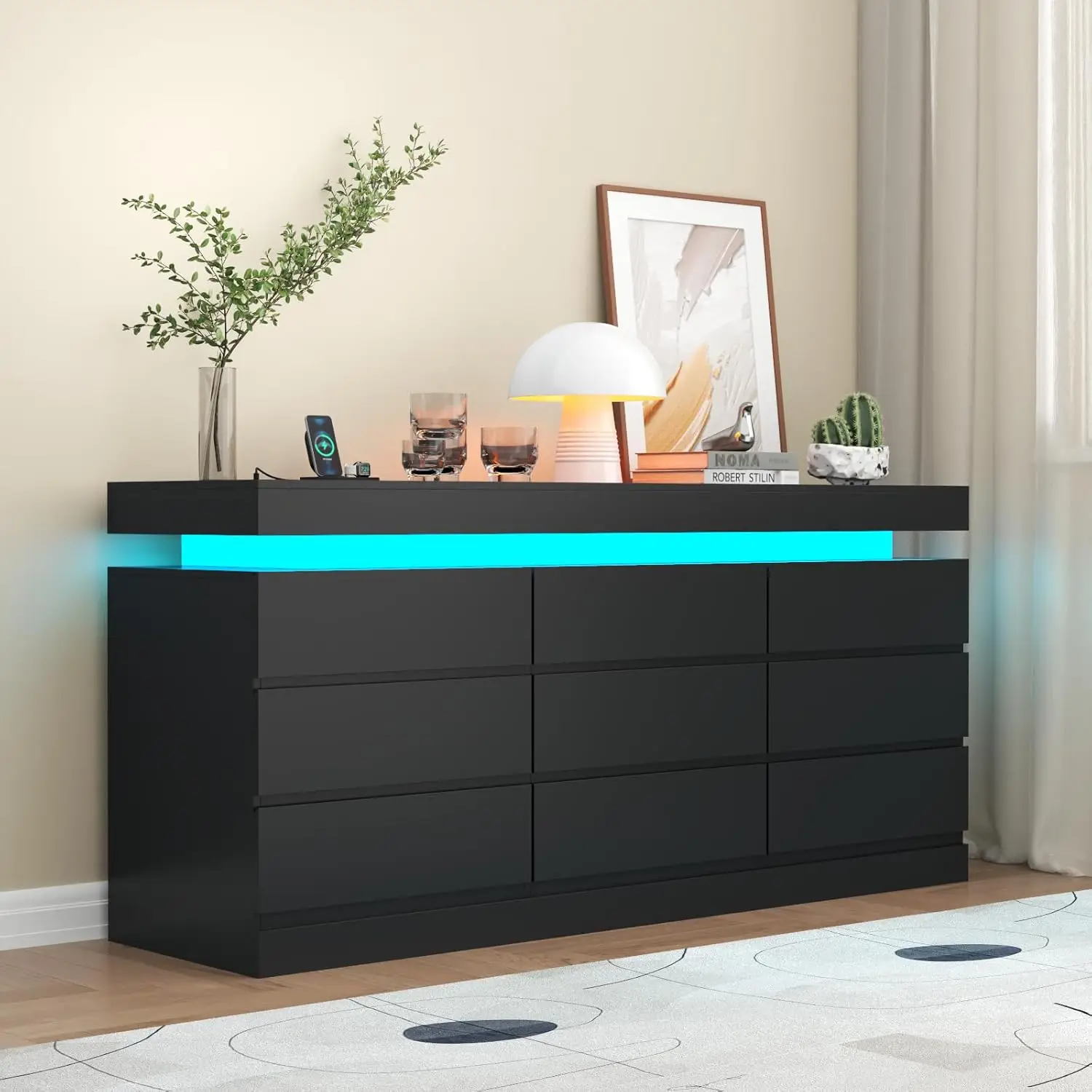 9 Drawer Dresser with Power Outlet, Dresser with LED Light, Modern Chest of Drawers for Closet, Double Wide Drawer Organizer Cabinet