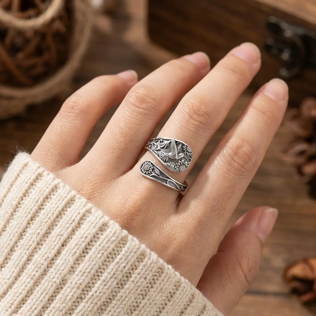 Adjustable Silver Spoon Ring, Vintage Hummingbird Thumb Ring for Women, Unique Nature Jewelry Gift for Her