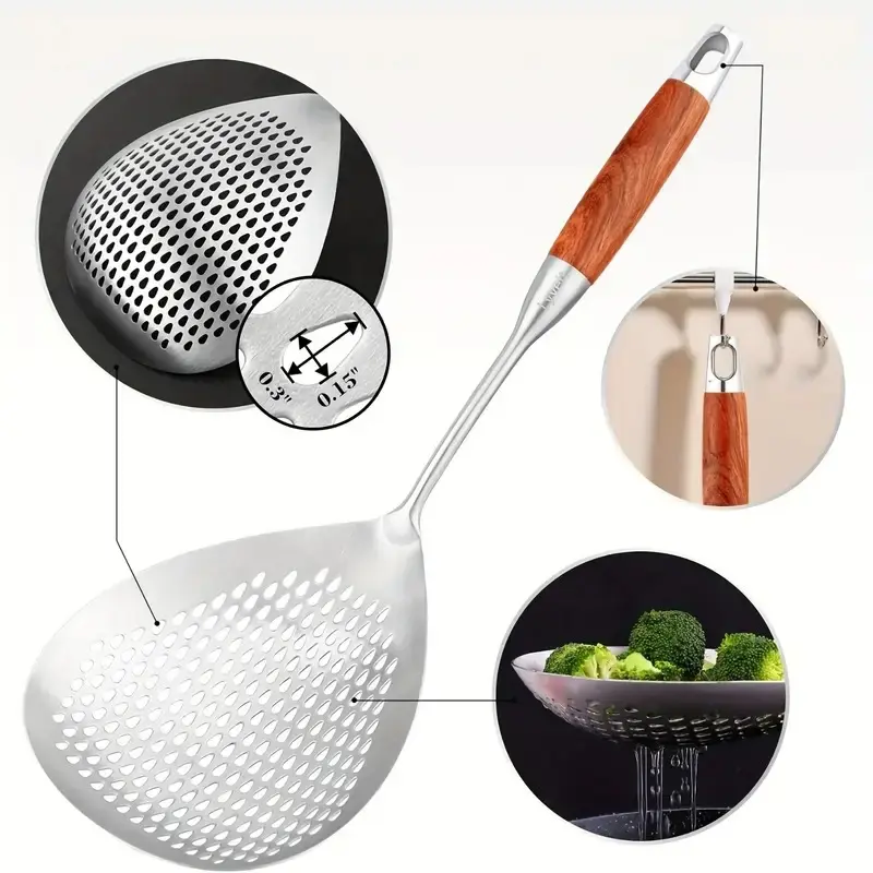 Stainless Steel Large Colander, 1 Count Kitchen Food Egg Noodles Dumplings Filter with Wooden Handle, Durable Kitchen Utensils for Cooking & Baking, Kitchen Strainer Utensils