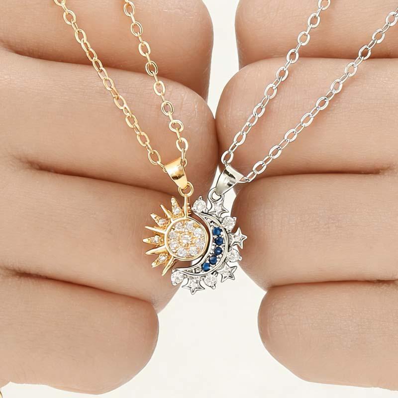New moon and sun couple necklace with magnetic clasp, unisex clavicle chain