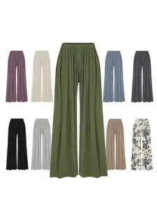 Solid Elastic Waist Wide Leg Pants- Loose and comfortable