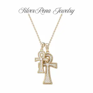 14K Gold Plated 925 Sterling Silver Double Ankh Cross Pendant Necklace, Full Paved 5A Grade Cubic Zirconia Egyptian Life Symbol Amulet Necklace, Hypoallergenic Religious Spiritual Jewelry Gift for Women Men Daily Wear