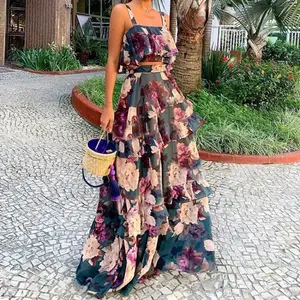 summer spring clothes 2025 new Women Sexy Spaghetti Strap Backless Short Top High Waist Ruffles Stitching Skirt Suit Fashion Vacation Printed Suit Light Womenswear Check Gamis Bohemian Boho Fitted Red