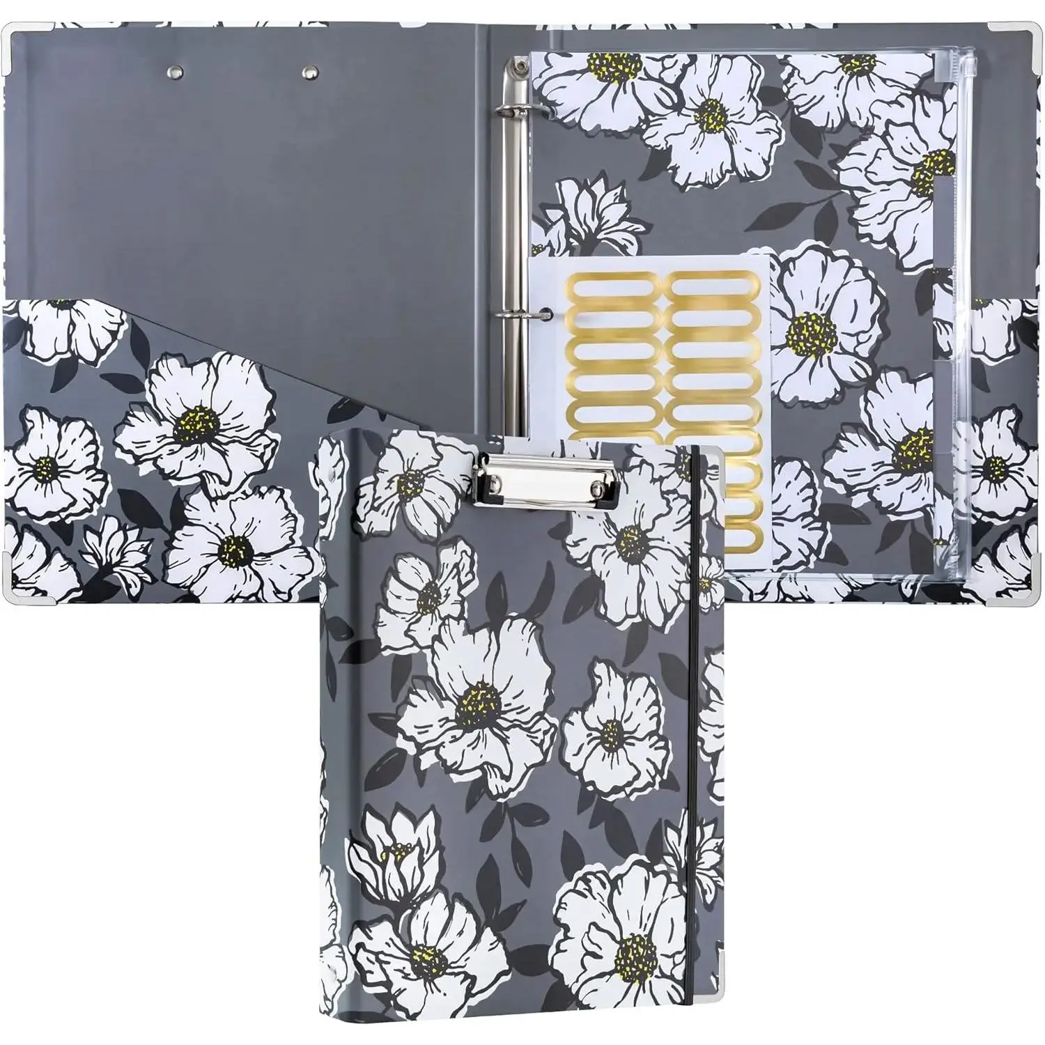 1-Inch 3-Ring Office Binder, Letter Size Black Weed Pattern Full Print Cardboard Binder with Clipboard, 5-Tab Pocket Dividers, Plastic Folder, 18 Sticker Labels, Pen Loop - Ideal for Students, Office Filing