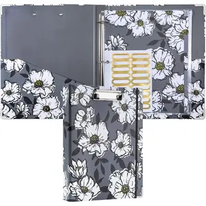 3 Ring Binder 1 Inch, Three Ring Binder Organizer with Clipboard, 5-Tabs Pockets Dividers, Plastic Folder, 18 Divider Stikers, Pretty Binder with Pen Loop (Black Weeds, Letter Size)