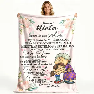 Spanish Grandparents' Affectionate Flannel Blanket Pink Floral Butterfly Pattern Warm Love Letter Quotes Super Soft Anti-Static HD-Printed Design Versatile Size Options Easy to Clean