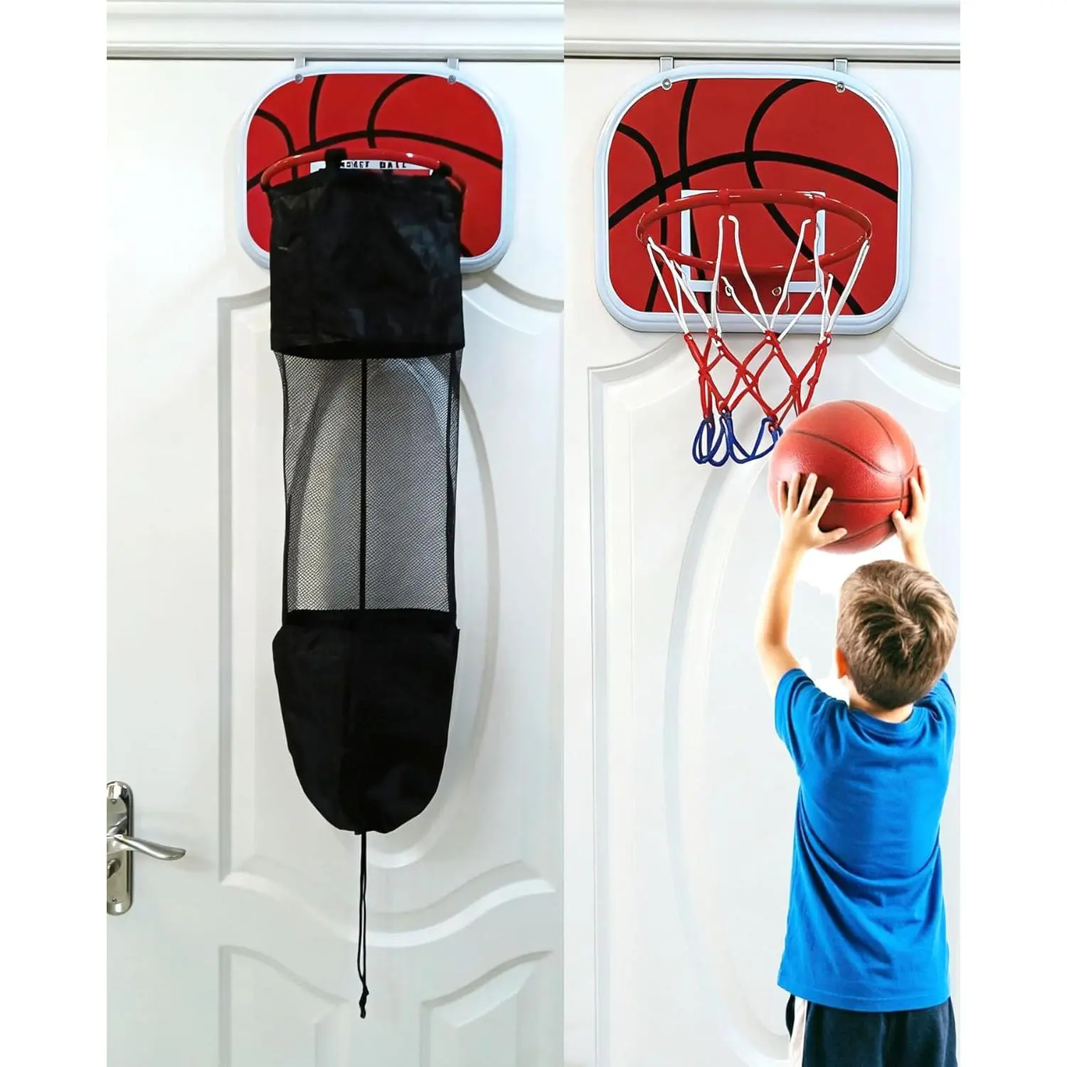 2-in-1 Boys Room Decor Basketball Hamper Door Basket Over The Door Laundry Hamper Basketball Hoop with Ball Laundry Hamper for Kids Room, Dorm, Bedroom, Bathroom Gifts for Boys
