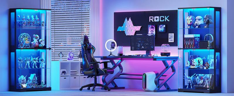 BROTTAR Display Cabinet with Glass Doors, 4-Tier Curio Cabinet with 3 Color Lights for Collectibles, 65" Lighted Glass Display Case with Transparent Full-Display Surface, Human Body Sensor, Black