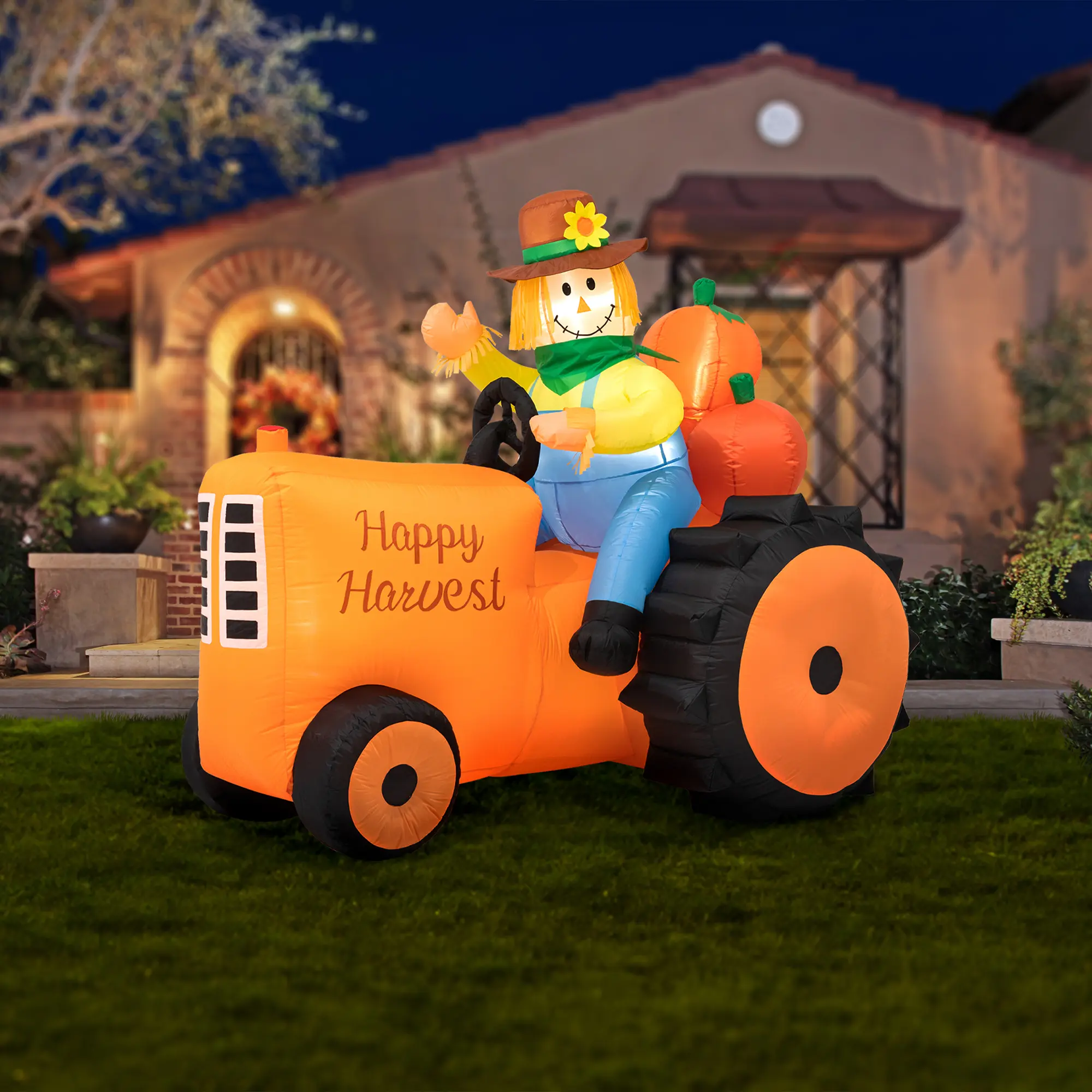 Glitzhome 7ft Fall Lighted Inflatable Tractor Decoration - Self-Inflate, LED Lights, Weatherproof Nylon, Waterproof, Lightweight, Modern Festive Home Decor with Matching Hat Accessory, Stake Included