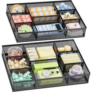 2 Pack Mesh Desk Drawer Organizer Tray with 8 Adjustable Compartments & 5 Dividers, Desk Organizers for Office Supplies, Makeup & Vanity (Black)