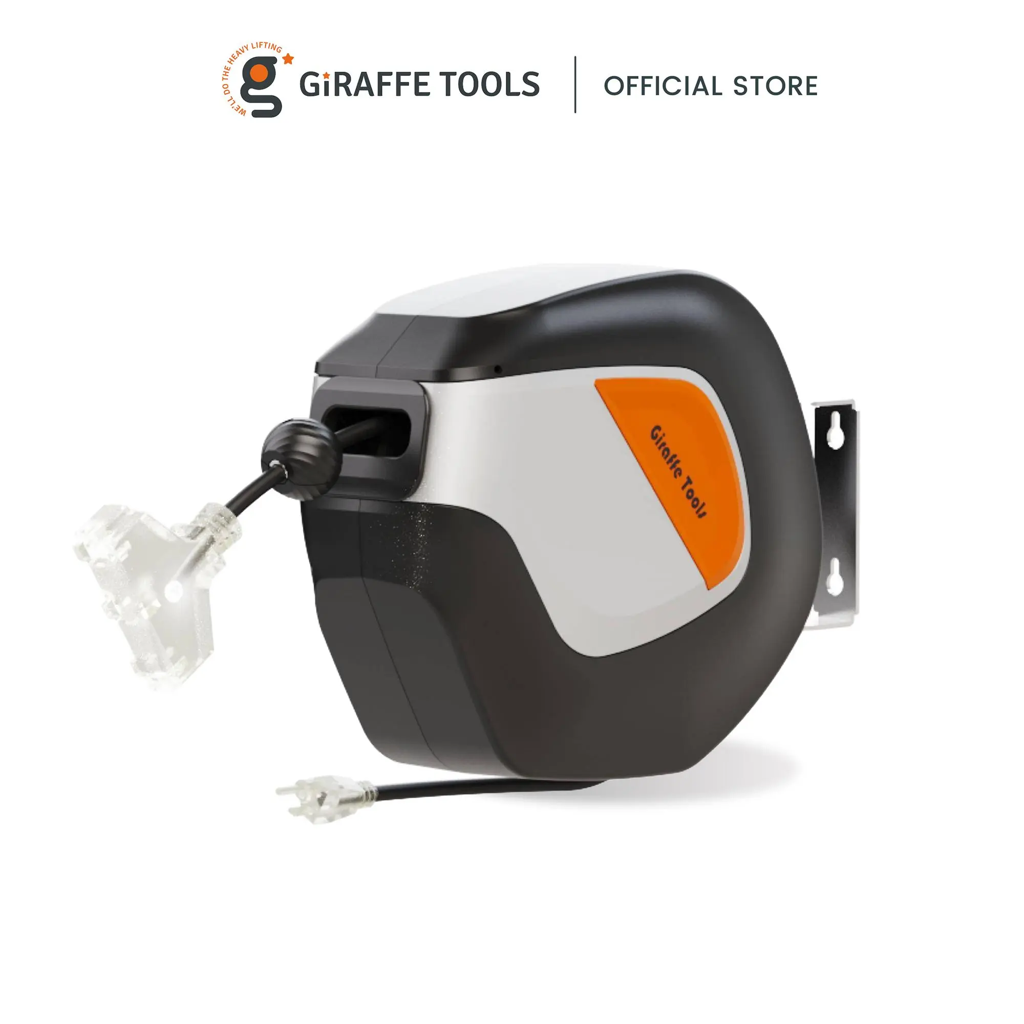 【FallDealsForYou】Giraffe Tools Retractable Extension Cord Reel - 50ft SJT Cable (12/14/16 AWG), 3 Power Outlets, LED Lights, Auto-Retract Feature, Kink-Free, 180-Degree Swivel, Length Lock, Overload Protection, Anti-Collision Ball for Outdoor Garage Use