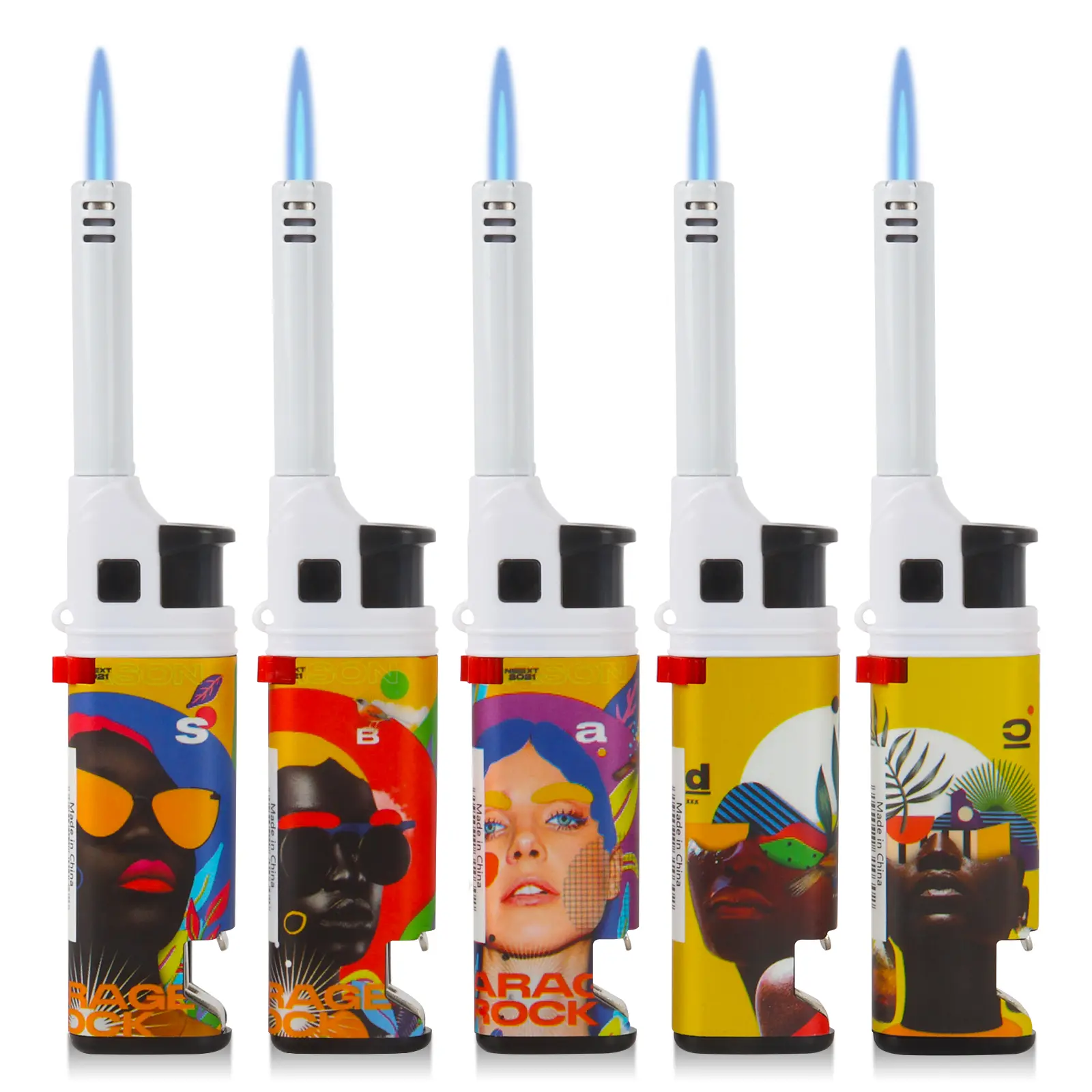 Taughch 5-Pack Graffiti Windproof Torch Lighter Bundle - Plastic, Portable, Lightweight, Refillable, Artistic, Extension Rod, Butane Gas, No Battery Fire Starter for Kitchen, Picnics, BBQ Grills (Small Gift Option, 5 Bottle Decor)