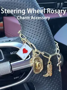 Steering Wheel Rose Bead Pendant, Western Cowboy Cross and Heart Keychain, Catholic Car Interior Decor, Lucky Driver Gift, Universal Car Accessory, Car Key Chains