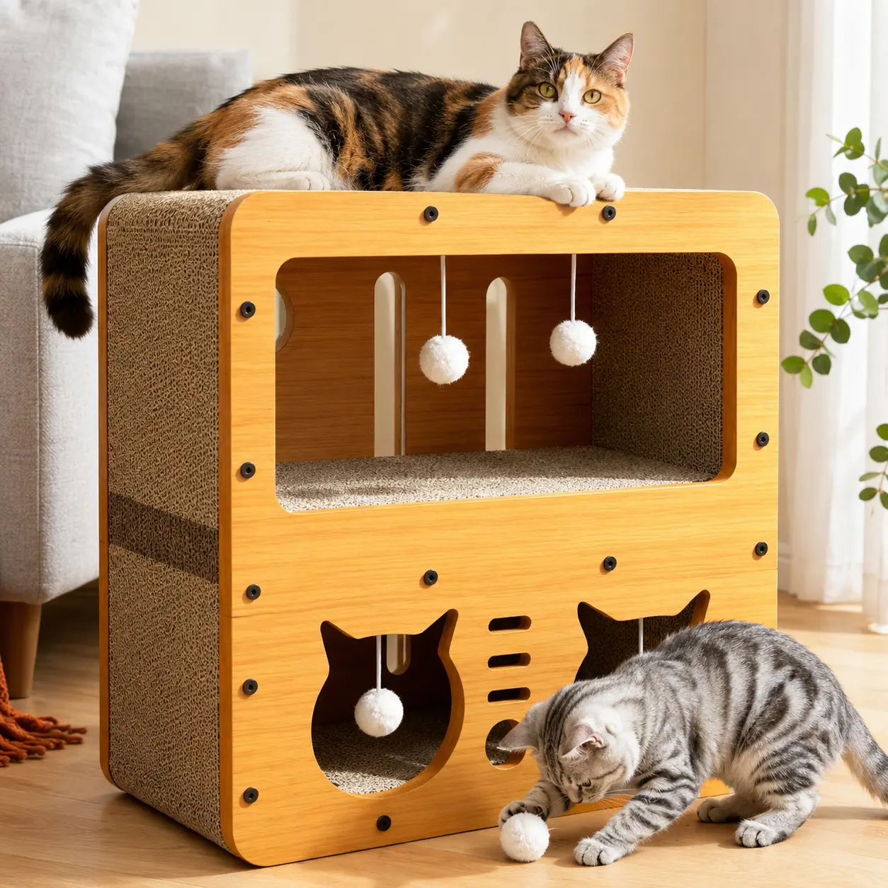 Modern 2-in-1 Wooden Bed Combo Pet Furniture with Post, 2-Tier Corrugated Wood Design, Scratch Board, Cat Toy Ball, 45*28*51cm Sleeping Area for Multiple Cats' Resting & Play, Double Layer Bed